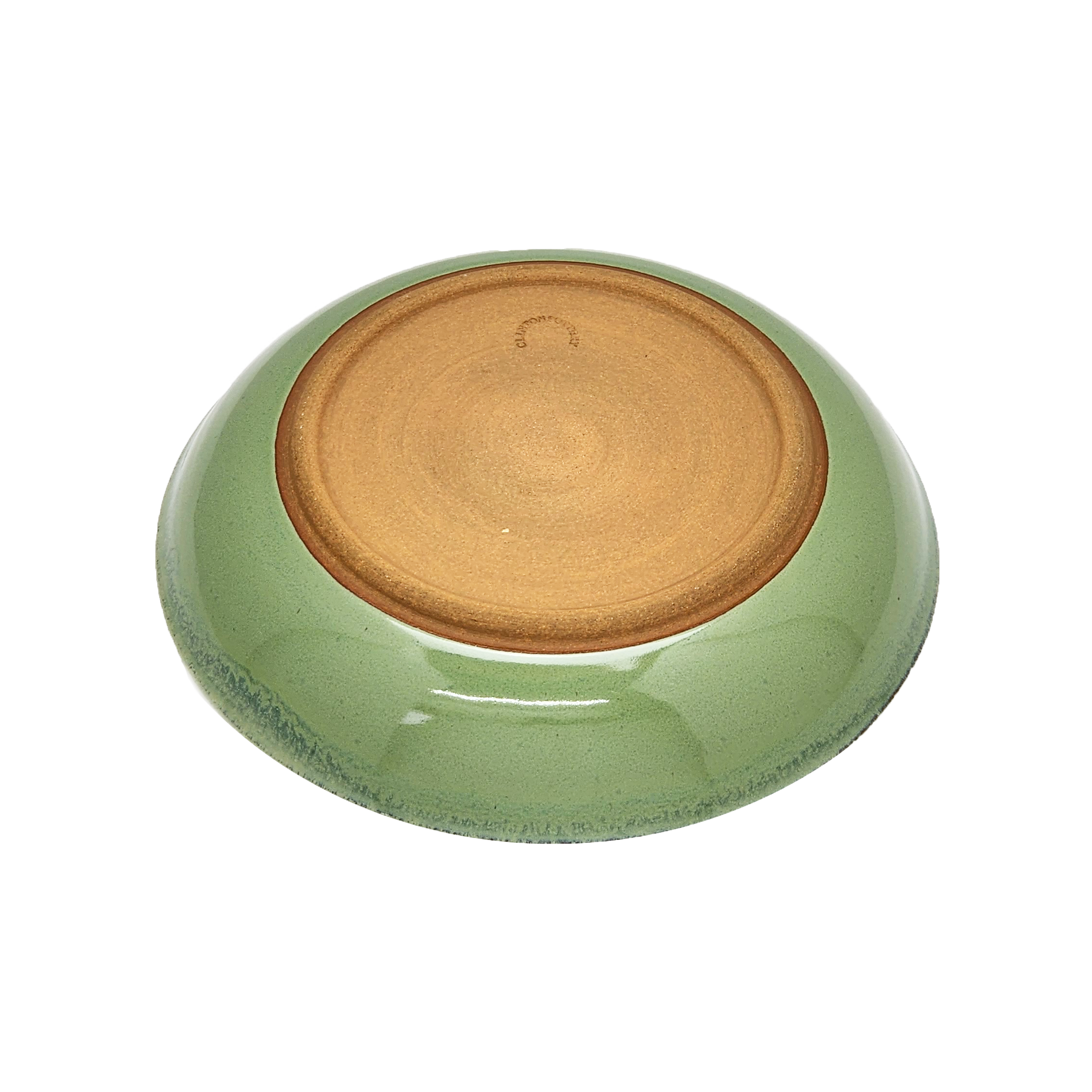 Image: A large pasta dish with a diameter of 10 inches, meticulously crafted by Clinton Pottery, featuring a refreshing bud green glaze. The vibrant green color of the glaze adds a lively touch to the dish, making it an inviting choice for serving pasta dishes with a hint of natural charm.